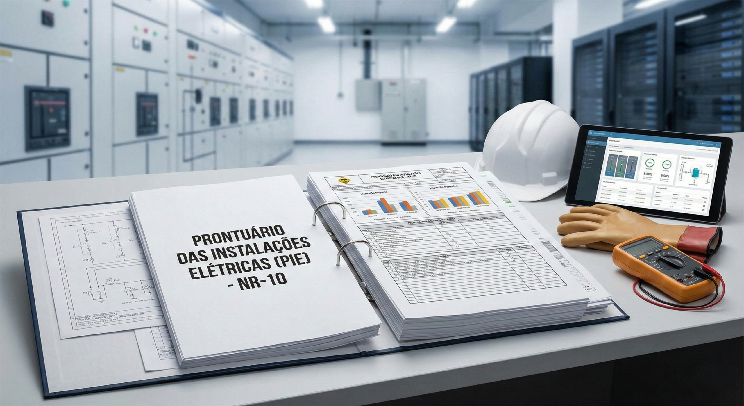Prontuário das Instalações Elétricas (PIE) organizado sobre mesa de engenharia.